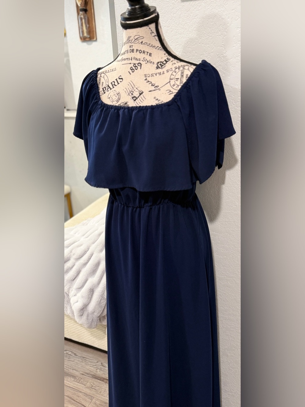 SUGAR+LIPS Navy Blue Off Shoulder Maxi Dress Size Medium | Boho Beach Vacation - Picture 4 of 9
